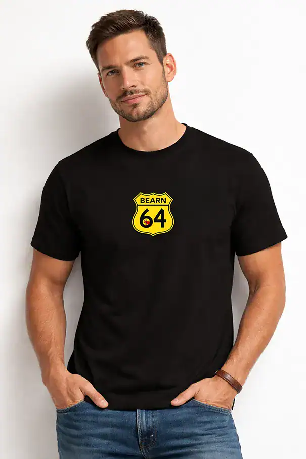 t shirt noir bearn 64 logo jaune style panneau route vintage impression dtf homme pilou shop 64 pau