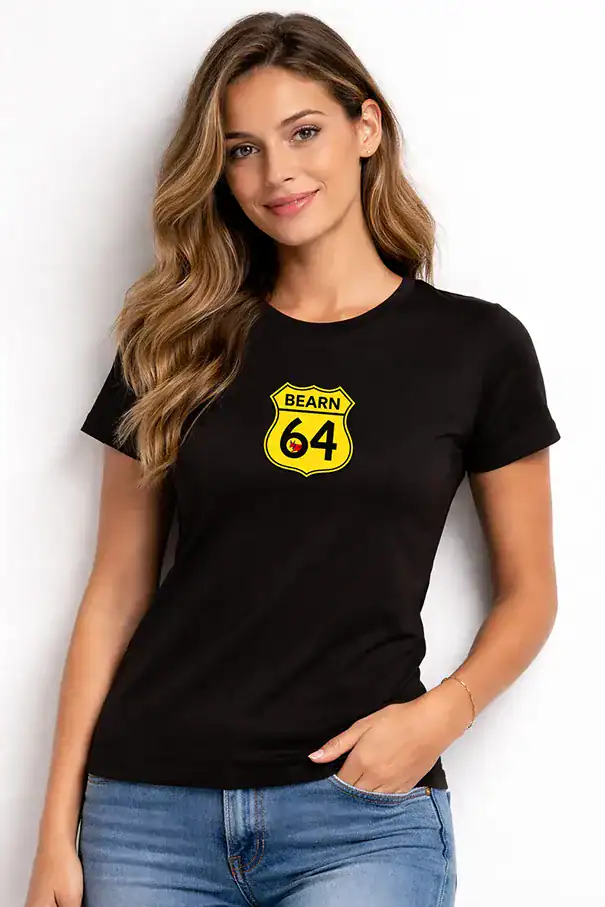 t shirt noir bearn 64 logo jaune style panneau route vintage impression dtf femme pilou shop 64 pau