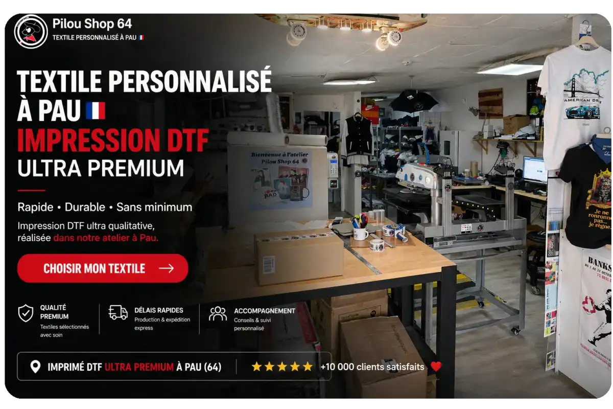 Atelier Pilou Shop 64 à Pau avec machines DTF et textile personnalisé en cours de production, header avec texte impression DTF ultra premium et bouton choisir mon textile