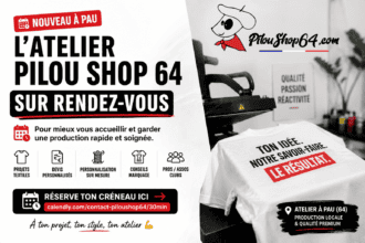 Affiche Pilou Shop 64 annonçant le fonctionnement de l’atelier textile personnalisé à Pau sur rendez-vous avec impression DTF premium et prise de rendez-vous en ligne.