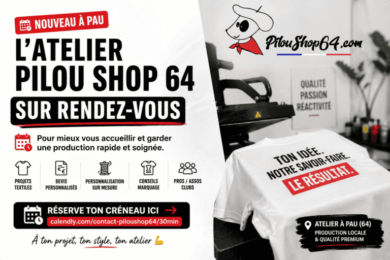 Affiche Pilou Shop 64 annonçant le fonctionnement de l’atelier textile personnalisé à Pau sur rendez-vous avec impression DTF premium et prise de rendez-vous en ligne.