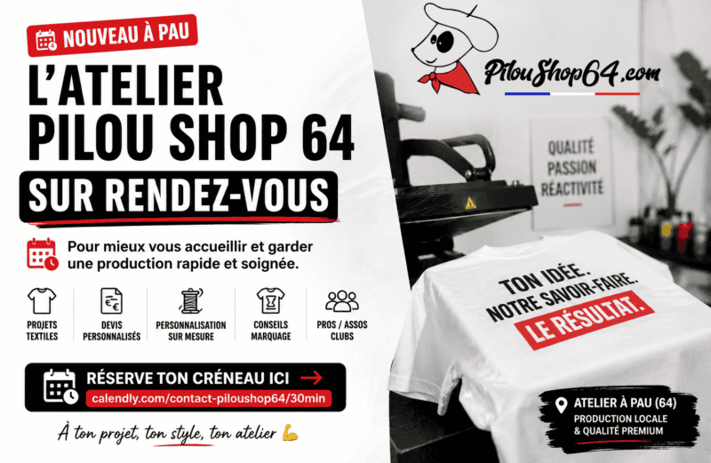 Affiche Pilou Shop 64 annonçant le fonctionnement de l’atelier textile personnalisé à Pau sur rendez-vous avec impression DTF premium et prise de rendez-vous en ligne.