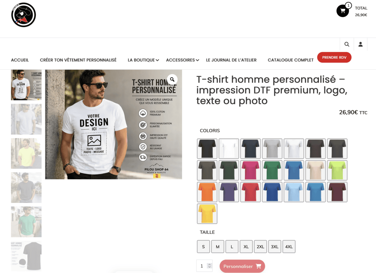 Page produit Pilou Shop 64 avec choix de couleurs pour créer un tee-shirt personnalisé en ligne