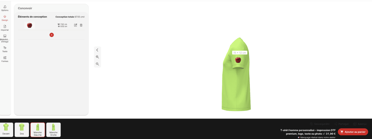 Aperçu d’un marquage personnalisé sur manche de tee-shirt avec visualisation immédiate du rendu