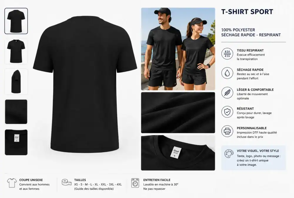 Vue arrière t-shirt sport noir unisexe polyester respirant personnalisable Pilou Shop 64