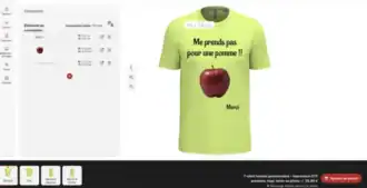 Interface de personnalisation textile Pilou Shop 64 avec aperçu en direct d’un tee-shirt personnalisé