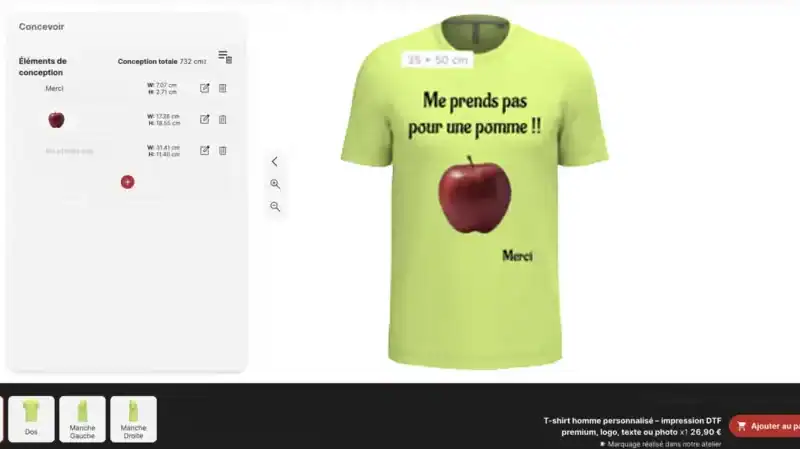 Interface de personnalisation textile Pilou Shop 64 avec aperçu en direct d’un tee-shirt personnalisé