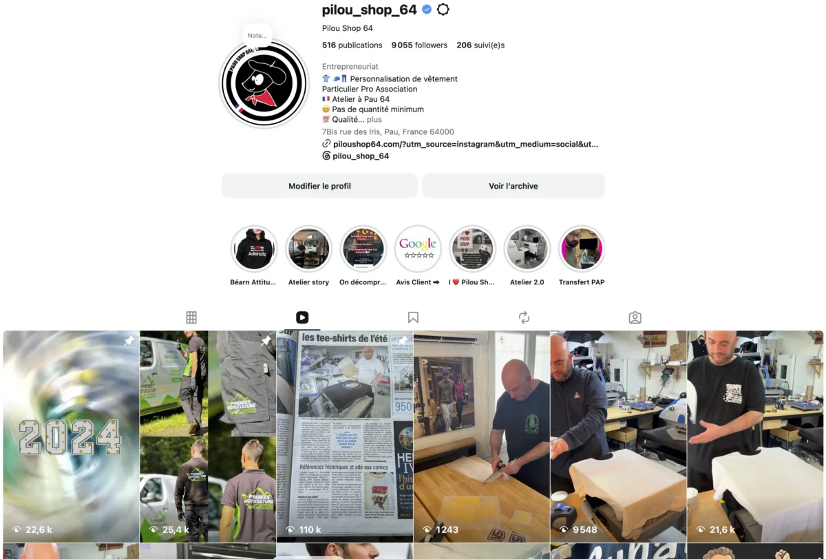 Compte Instagram officiel de Pilou Shop 64 et vidéos atelier textile à Pau