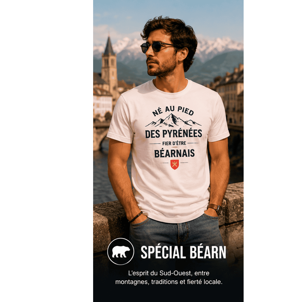 Homme portant un t-shirt collection Spécial Béarn Pilou Shop 64 avec vue sur les Pyrénées en arrière-plan