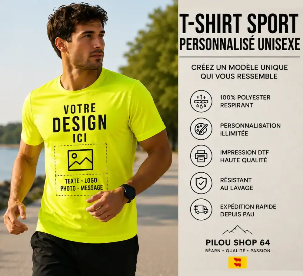 T-shirt sport personnalisé unisexe jaune fluo avec impression DTF premium réalisé par Pilou Shop 64 à Pau. Textile polyester respirant personnalisable avec logo, texte ou visuel pour sport, association et événement.