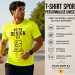 T-shirt sport personnalisé unisexe jaune fluo avec impression DTF premium réalisé par Pilou Shop 64 à Pau. Textile polyester respirant personnalisable avec logo, texte ou visuel pour sport, association et événement.