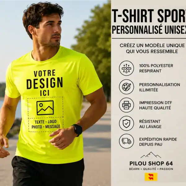 T-shirt sport personnalisé unisexe jaune fluo avec impression DTF premium réalisé par Pilou Shop 64 à Pau. Textile polyester respirant personnalisable avec logo, texte ou visuel pour sport, association et événement.