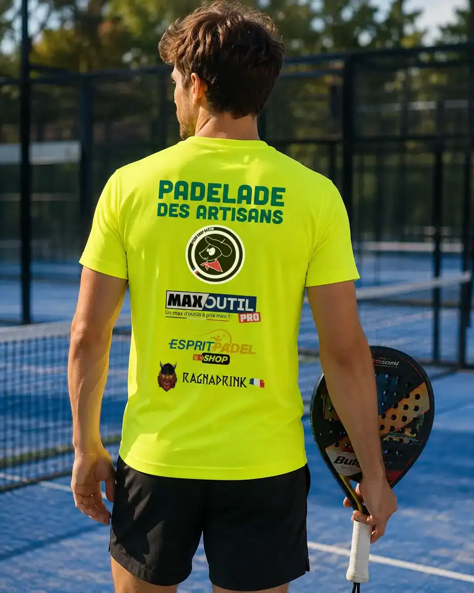 T-shirt sport personnalisé jaune fluo porté de dos sur terrain de padel – marquage DTF événement sportif Padelade des Artisans par Pilou Shop 64