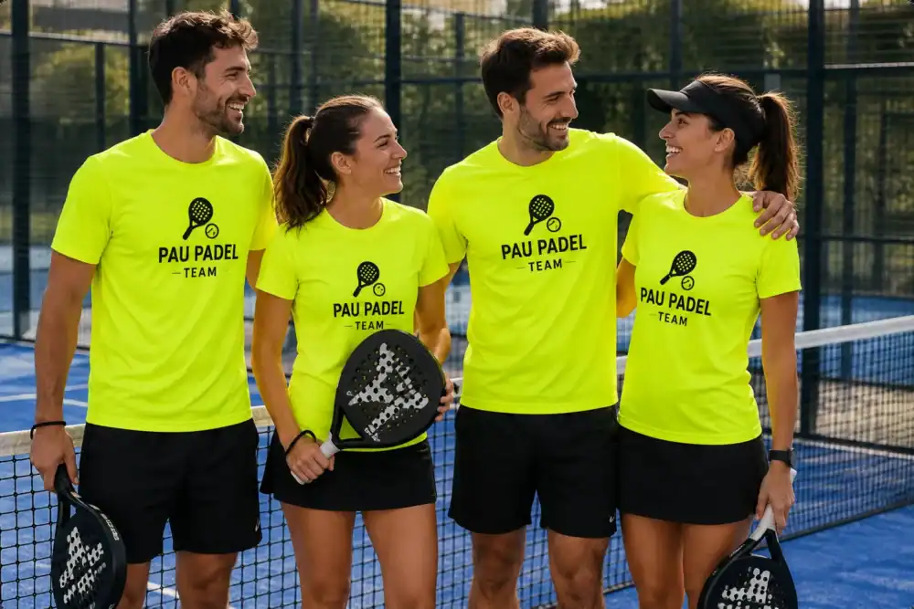 Équipe de padel portant des t-shirts sport personnalisés jaunes fluo sur terrain extérieur