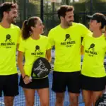 Équipe de padel portant des t-shirts sport personnalisés jaunes fluo sur terrain extérieur