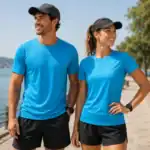 T-shirt sport bleu personnalisé porté par homme et femme en tenue sportive extérieure