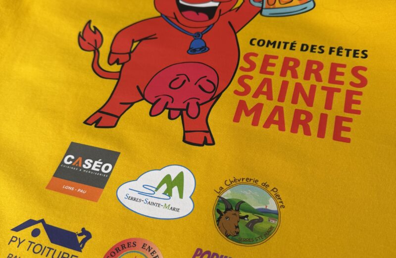 T-shirt jaune personnalisé du Comité des Fêtes de Serres-Sainte-Marie avec mascotte rouge tenant une bière et logos des partenaires locaux réalisé par Pilou Shop 64 à Pau.