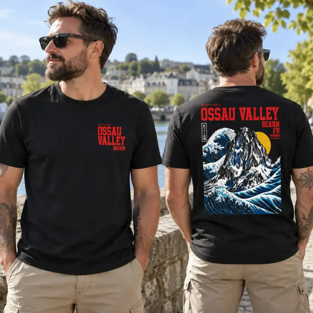 Homme portant un t-shirt noir Ossau Valley recto-verso
