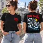 T-shirt Ossau Valley Béarn noir porté par femme en extérieur urbain, vue recto et verso