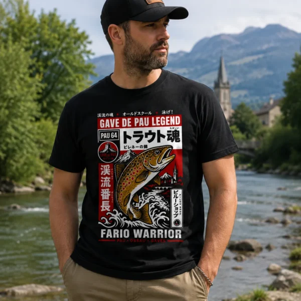 T-shirt truite fario gave de Pau porté par HOmme en extérieur près d’une rivière
