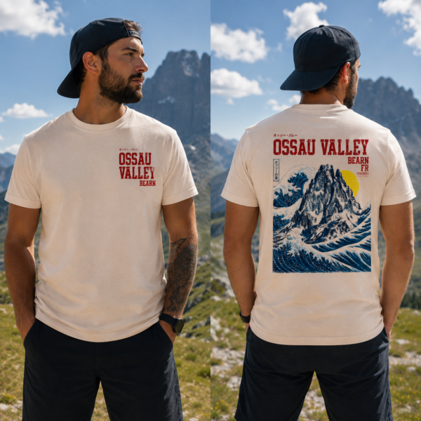 T-shirt Ossau Valley porté par homme en montagne vue face et dos