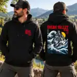 Sweat à capuche Ossau Valley Béarn noir porté par homme en extérieur dans une vallée pyrénéenne, vue recto verso