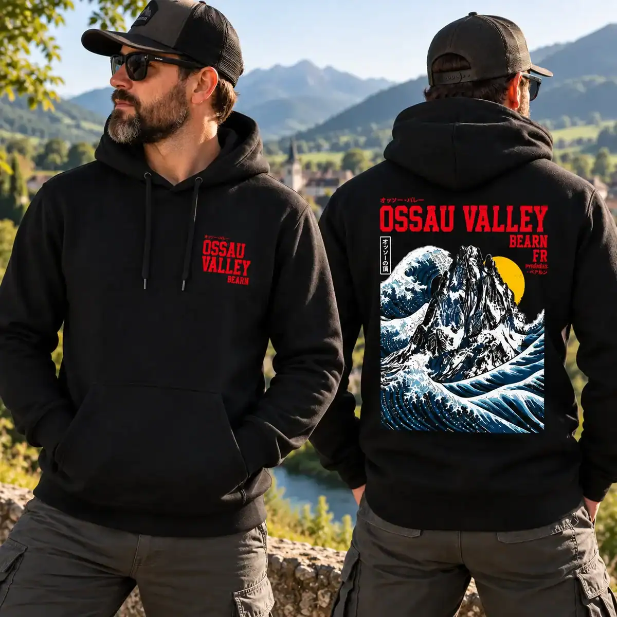 Sweat à capuche Ossau Valley Béarn noir porté par homme en extérieur dans une vallée pyrénéenne, vue recto verso
