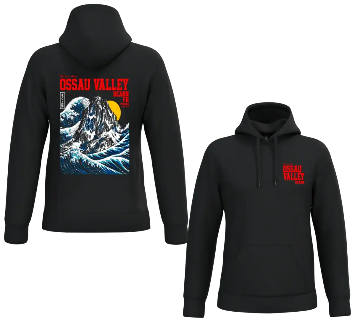 Sweat à capuche noir Ossau Valley, motifs montagne et vagues