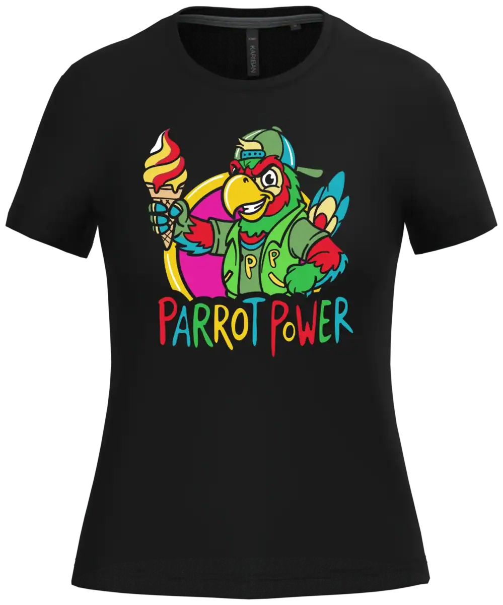 T-shirt femme perroquet glace Tropic Chill sur fond blanc avec design perroquet coloré
