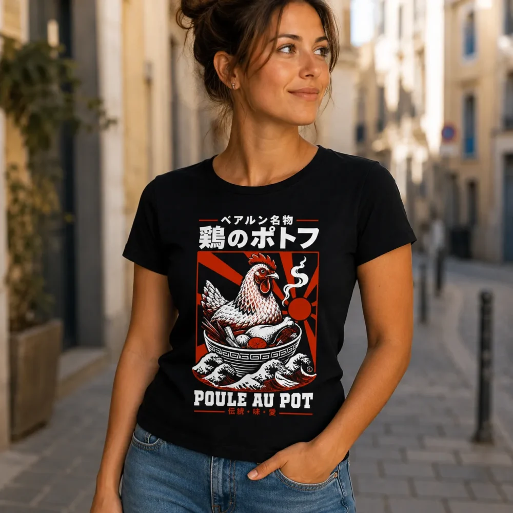 Femme portant t-shirt noir Poule au Pot