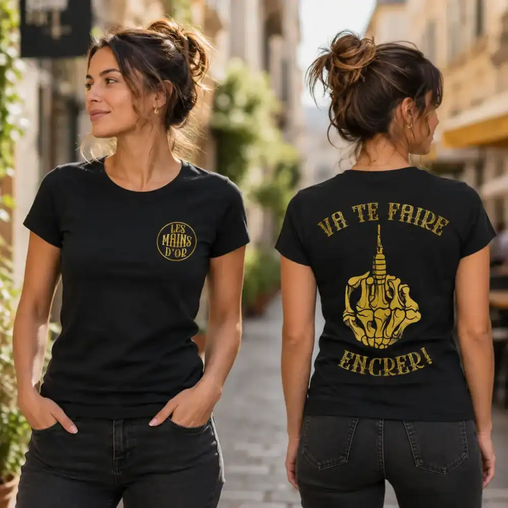 T-shirt femme Les Mains d’Or porté en extérieur avec vue de face et de dos montrant le design Va te faire encrer