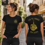 T-shirt femme Les Mains d’Or porté en extérieur avec vue de face et de dos montrant le design Va te faire encrer