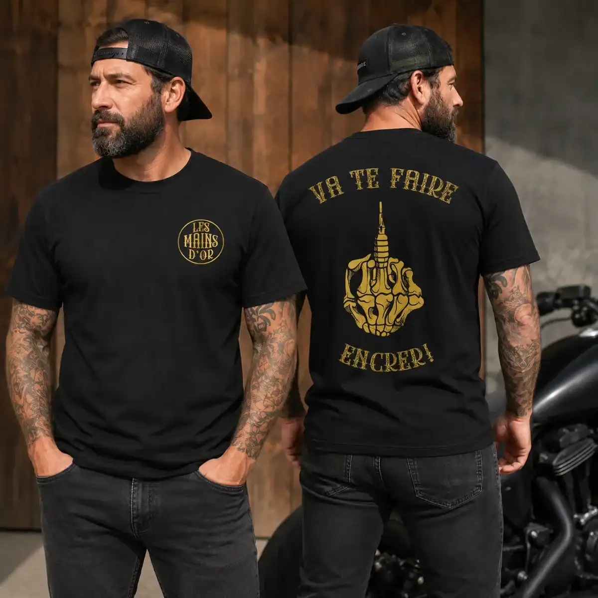 T-shirt homme Les Mains d’Or porté en extérieur avec vue de face et de dos montrant le design Va te faire encrer