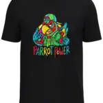 T-shirt unisexe noir avec perroquet cartoon coloré
