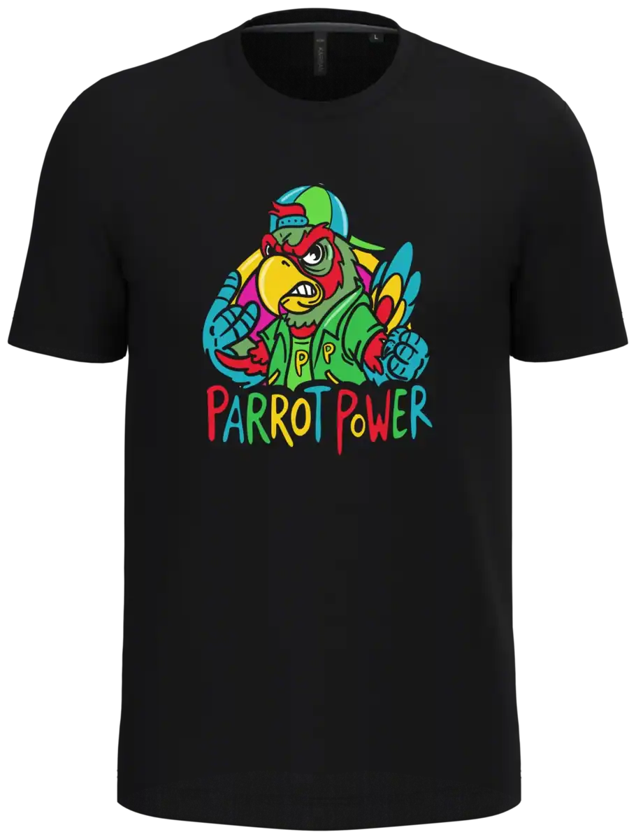 T-shirt unisexe noir avec perroquet cartoon coloré