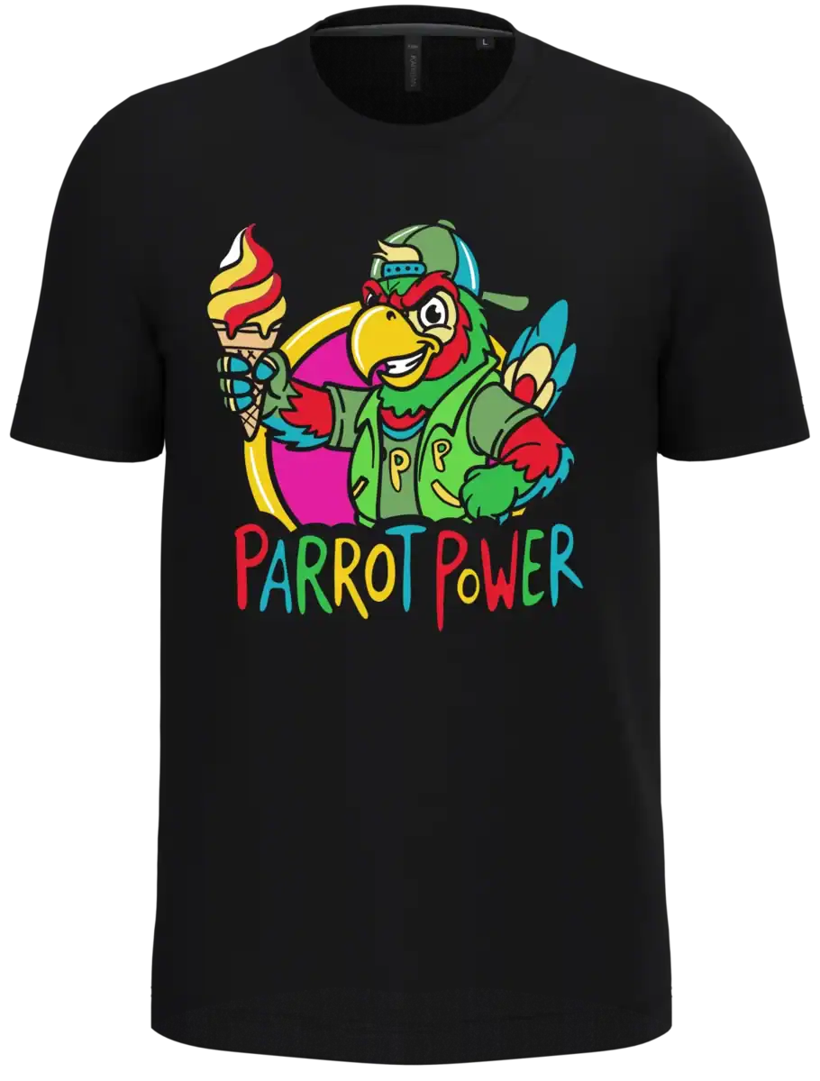 T-shirt perroquet glace Tropic Chill sur fond blanc avec design perroquet coloré