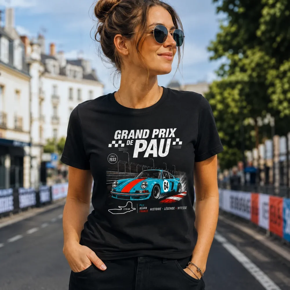 T-shirt Grand Prix de Pau racing porté par femme sur le circuit urbain de Pau