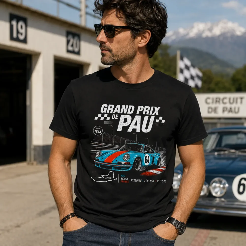 T-shirt Grand Prix de Pau racing porté par homme devant les stands du circuit de Pau