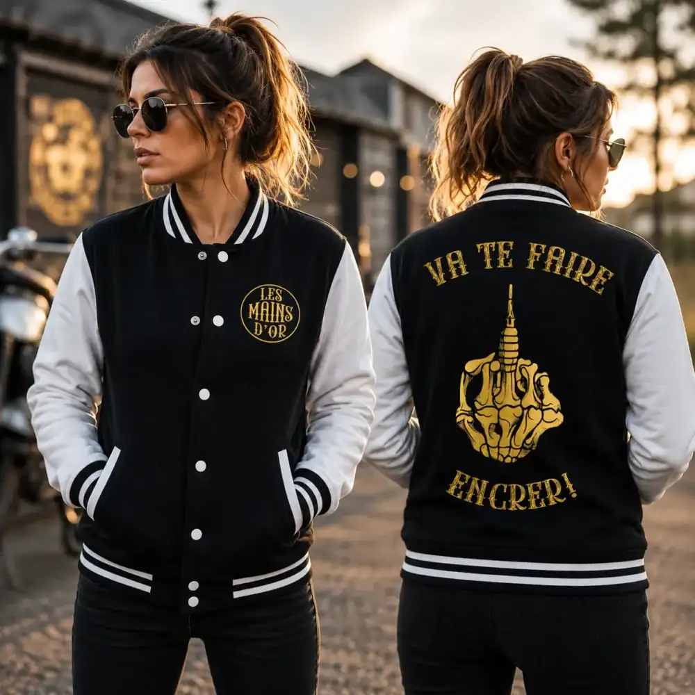 Femme portant veste varsity noire motif doré