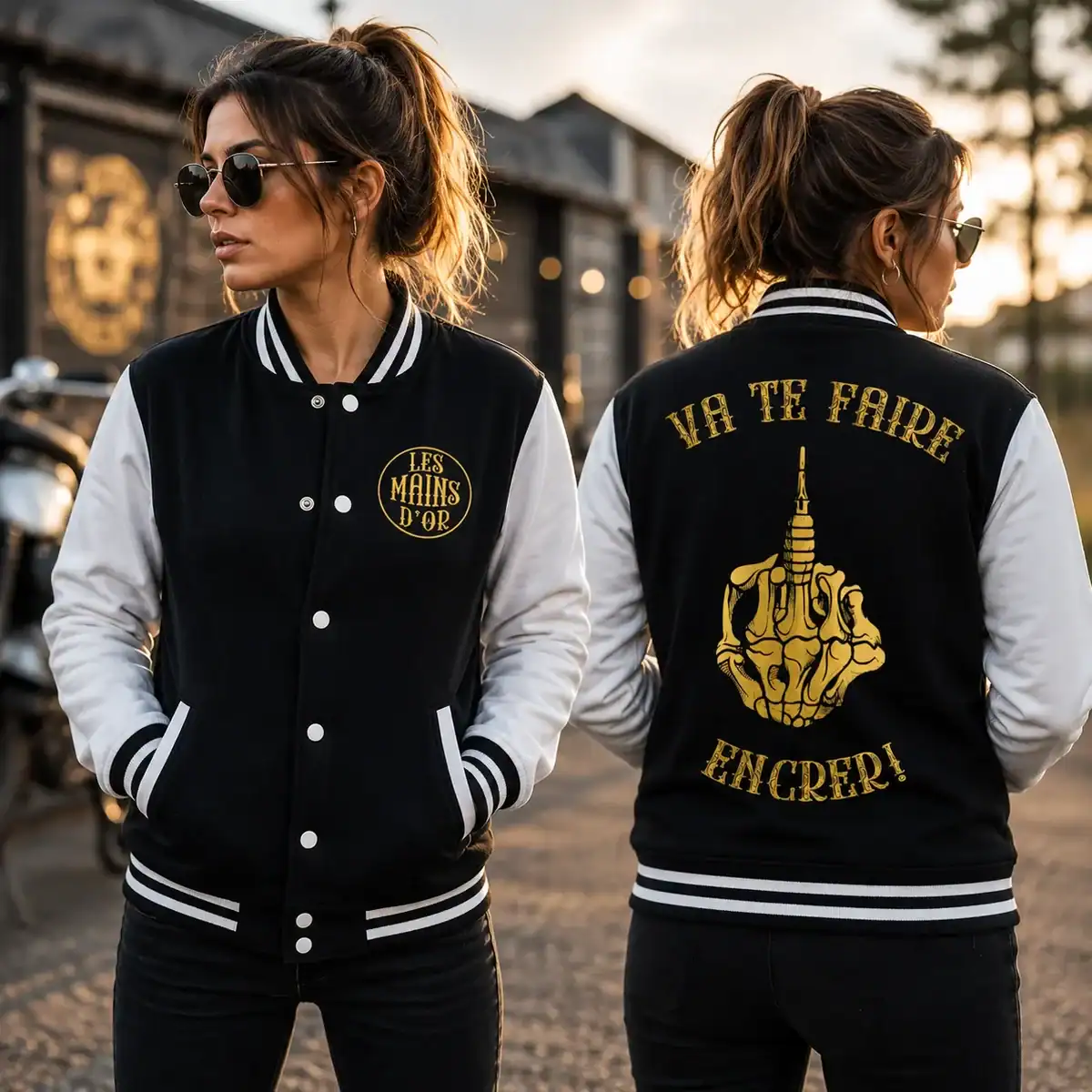 Femme portant veste varsity noire motif doré