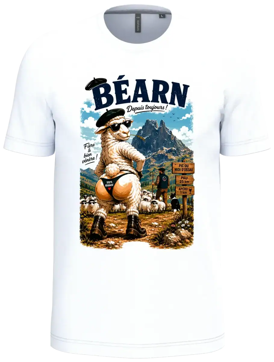 T-shirt Béarn avec brebis humoristique 100% béarnaise sur fond blanc coupe unisexe