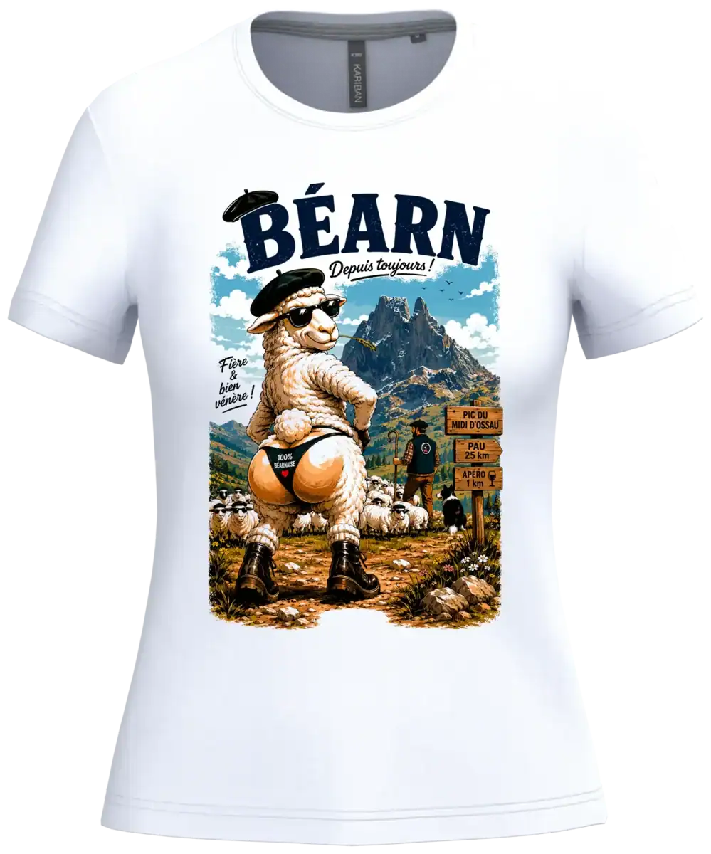 T-shirt femme Béarn mouton béret devant montagnes pyrénéennes