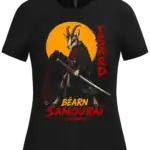T-shirt femme noir isard Béarn Samouraï avec illustration de samouraï et Pic du Midi d’Ossau sur fond blanc