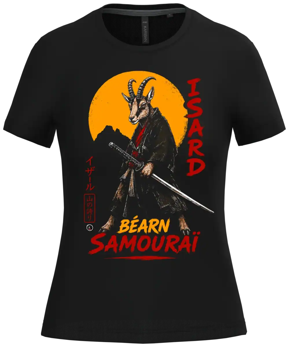 T-shirt femme noir isard Béarn Samouraï avec illustration de samouraï et Pic du Midi d’Ossau sur fond blanc