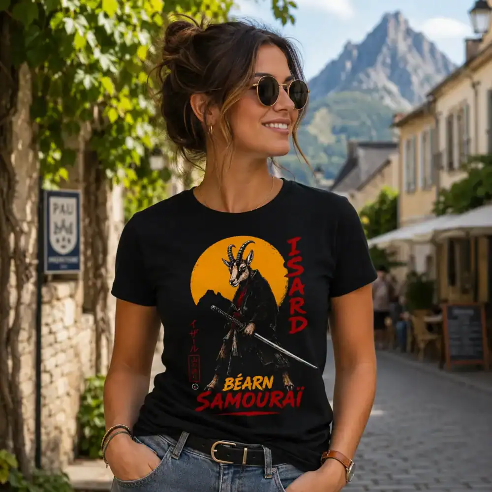 T-shirt isard Béarn Samouraï porté par femme dans une rue de Pau