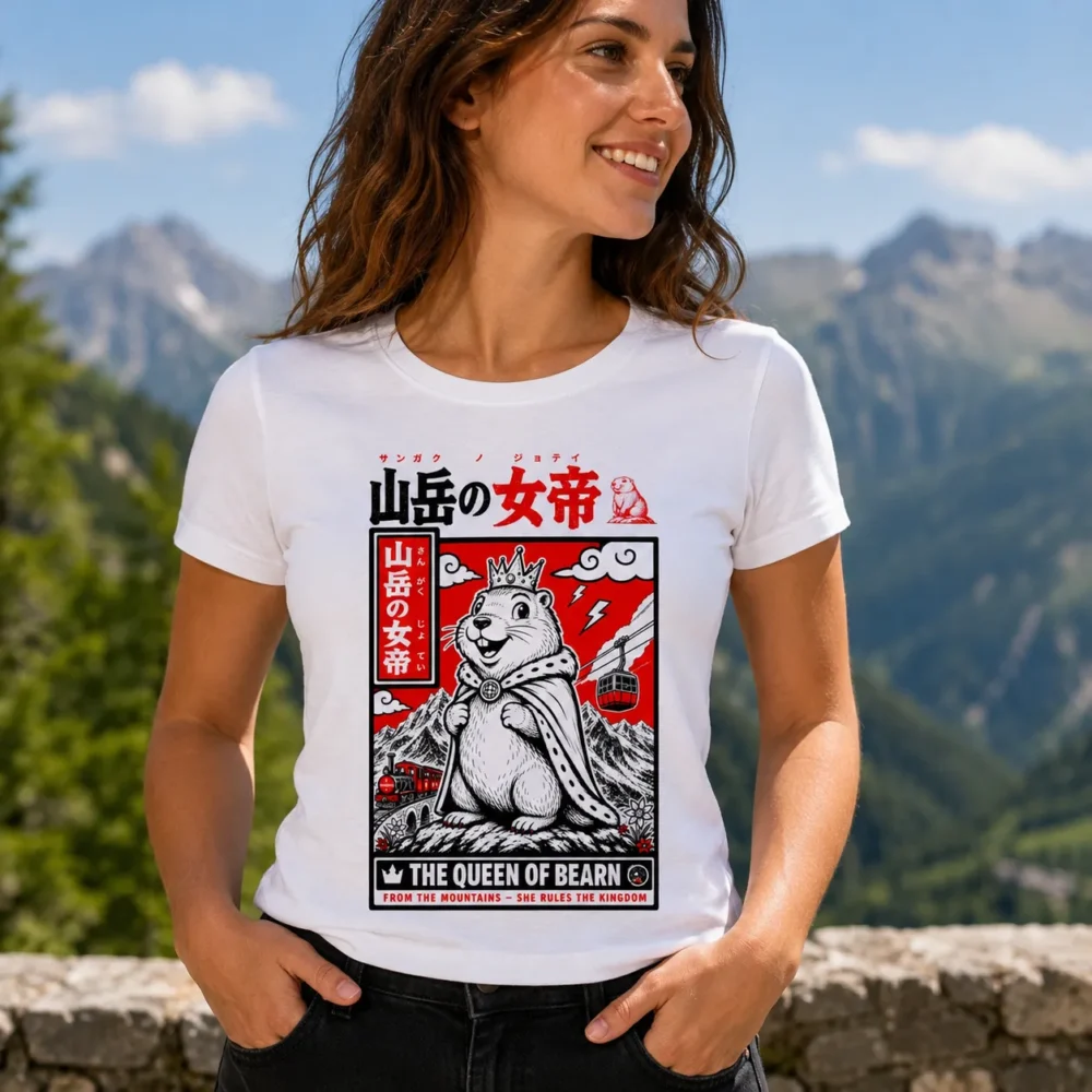 T-shirt femme marmotte reine des montagnes Béarn porté par une femme devant un paysage de montagne