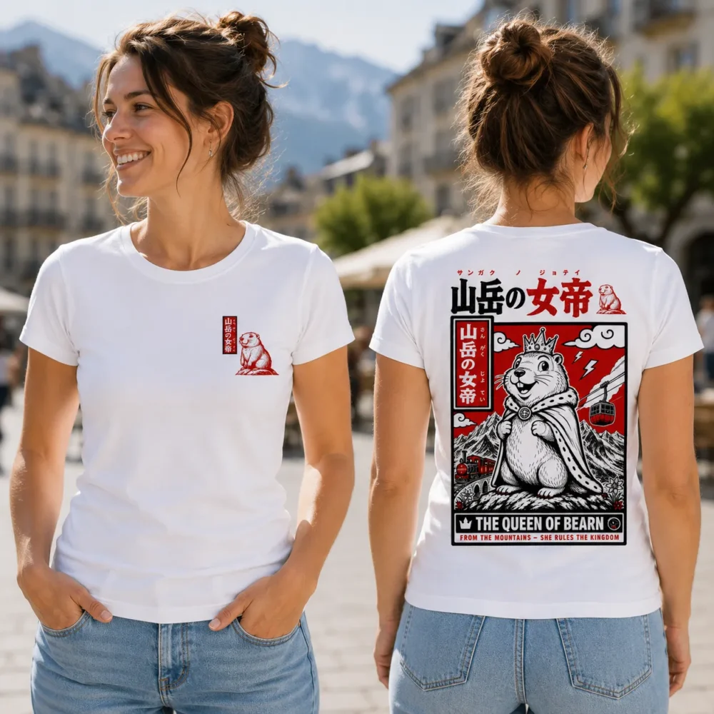 T-shirt queen of Béarn style japonais porté par une femme avec vue de face et de dos en extérieur montagneux