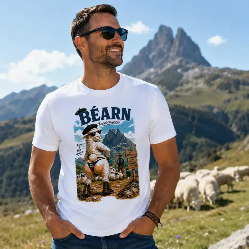 T-shirt Béarn avec brebis humoristique porté par un homme dans un paysage de la vallée d’Ossau
