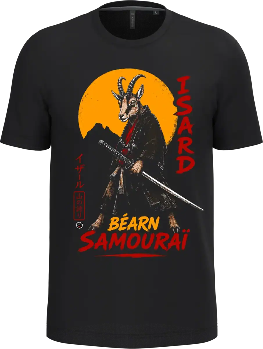 T-shirt noir isard Béarn Samouraï avec illustration de samouraï et Pic du Midi d’Ossau sur fond blanc