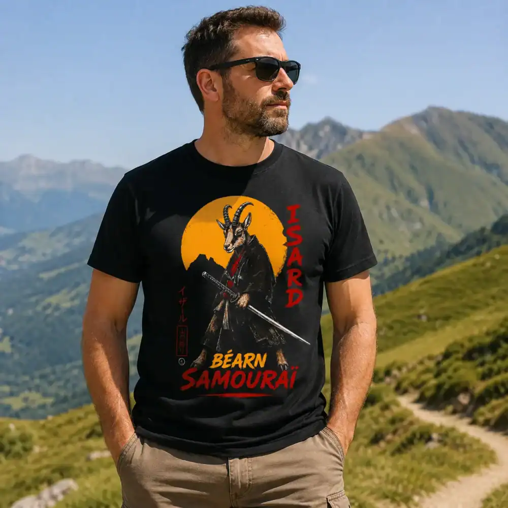T-shirt isard Béarn Samouraï porté par homme en montagne pyrénéenne